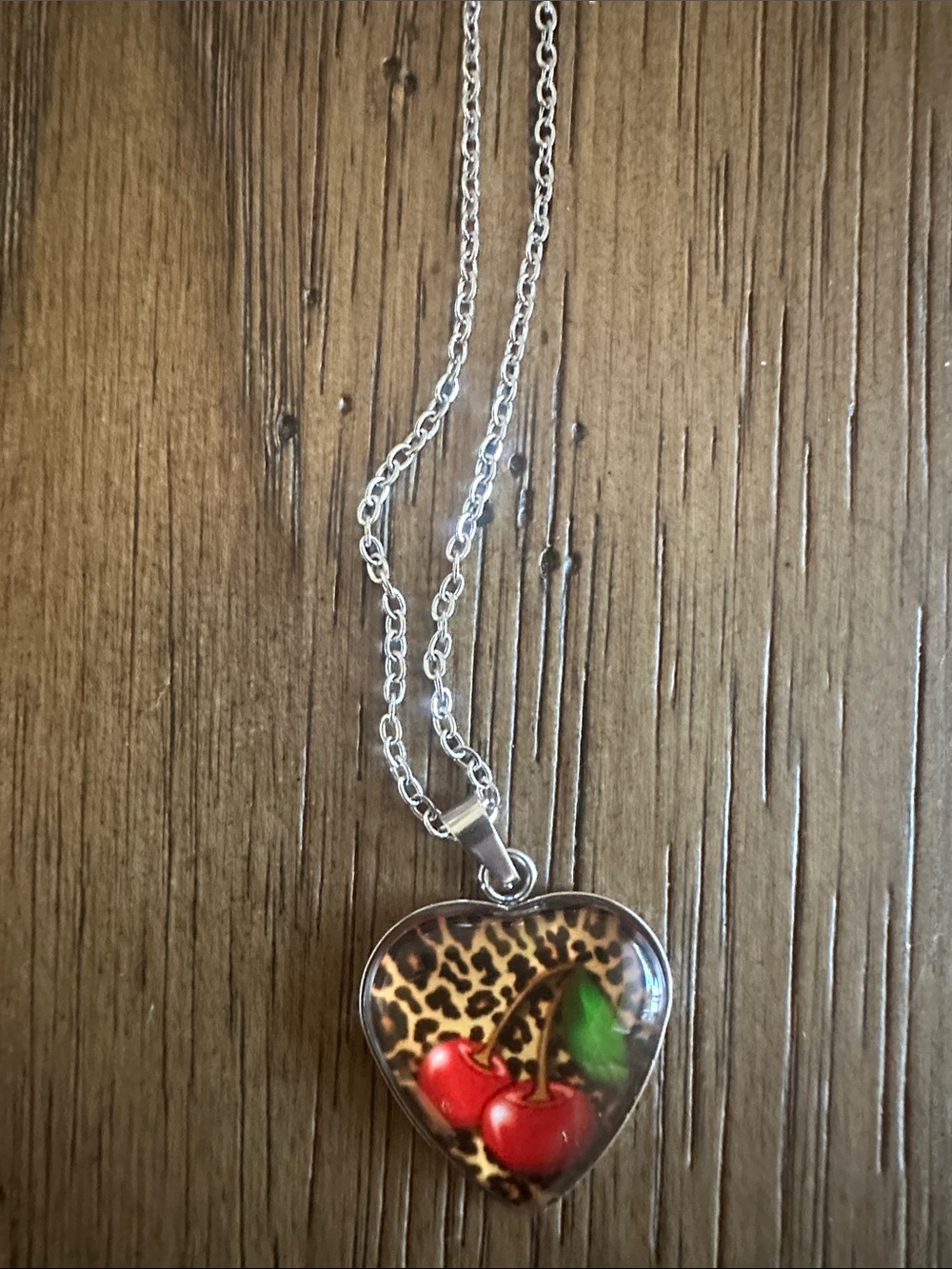 Silver tone Heart Pendant Necklace with leopard and Red cherries